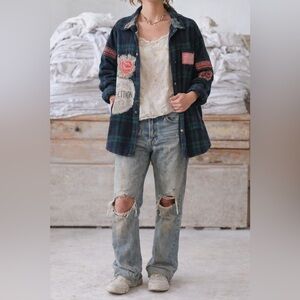 Affliction Dark Plaid Shirt with Patches